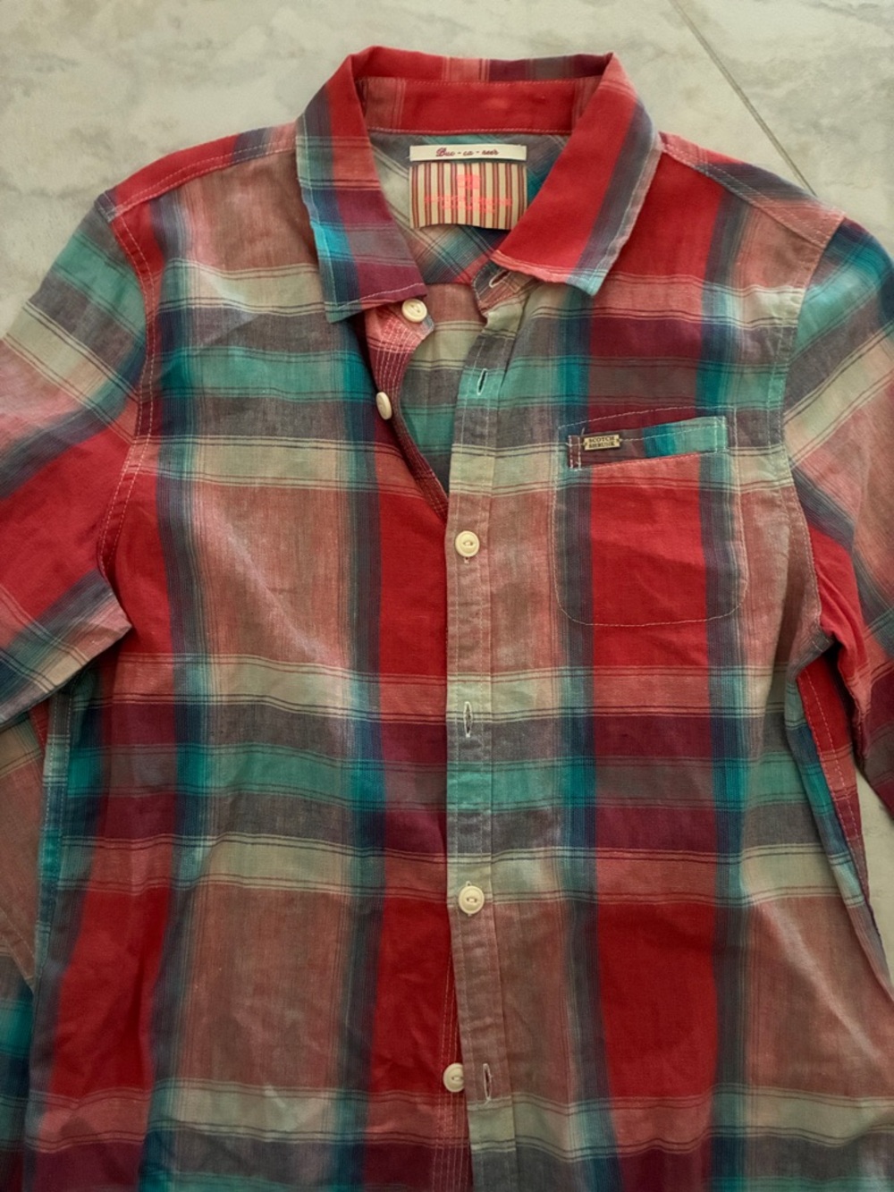 Scotch Shrunk Red Plaid Button-Down Shirt with Teal and Navy Accents